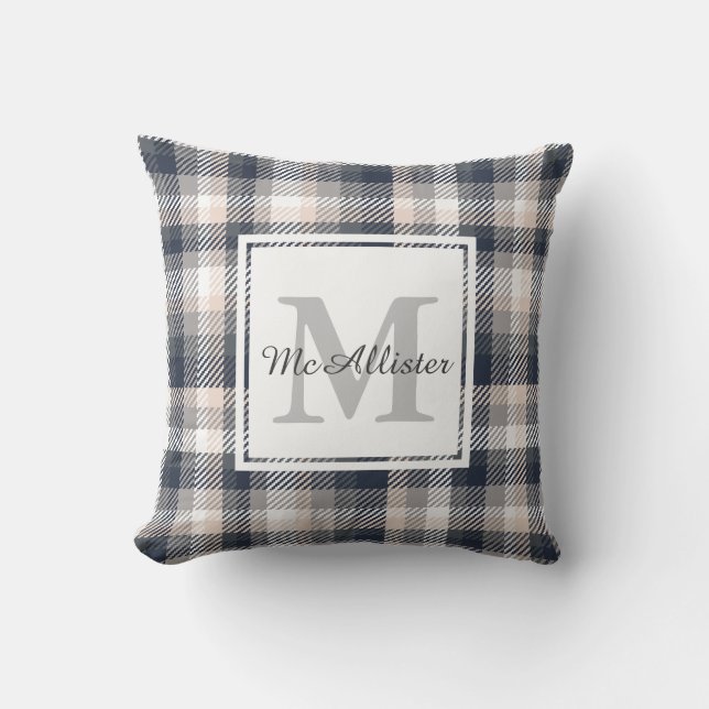 Creme und Heather Grau Karierter Familienname Kissen (Vorderseite)