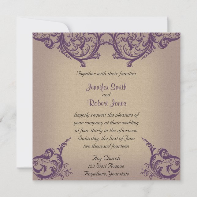 Creme und Lila Vintage Scroll Hochzeit Einladung (Vorderseite)
