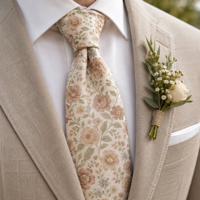 Creme- und Pfirsich-Blumenmuster Krawatte (Von Creator hochgeladen)