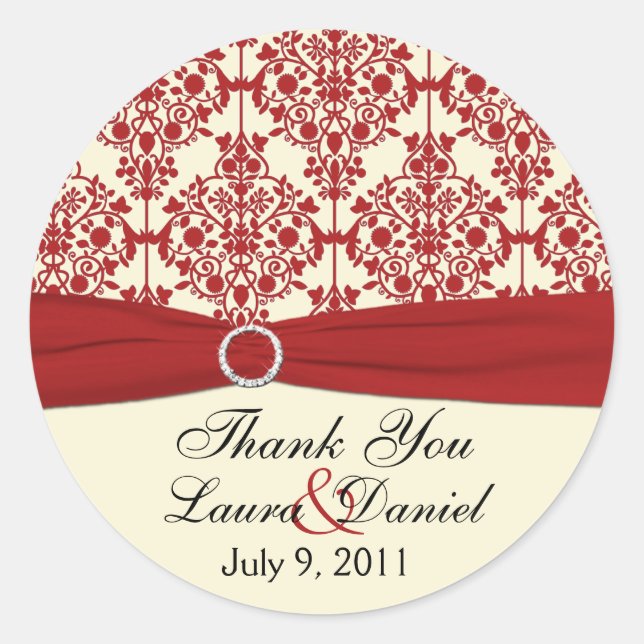 Creme und Red Damask 1,5" Danke, Aufkleber (Vorderseite)