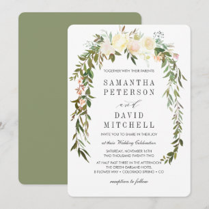 Creme und Sage   Botanische Garland-Hochzeit Einladung