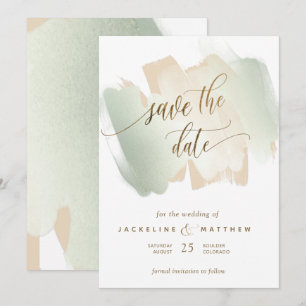 Creme und Sage Brush Strokes, Minimal Wedding Gere Save The Date