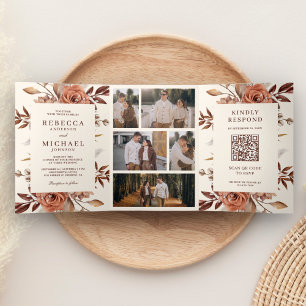 Creme und Terrakotta Blumen QR-Code Hochzeit Dreifach Gefaltete Einladung