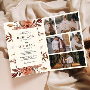 Creme und Terrakotta Blumen QR-Code Hochzeit Einladung