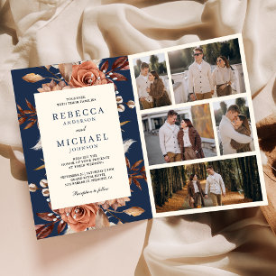 Creme- und Terrakotta-Blumen-QR-Code-Navy-Hochzeit Einladung