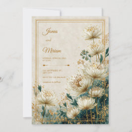 Creme Vergoldete Astrantia Teal Aquarell Hochzeit Einladung