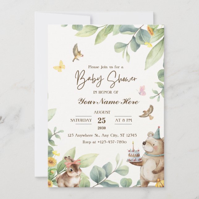 Crème Vert Aquarelle Bébé Douche Invitations (Devant)