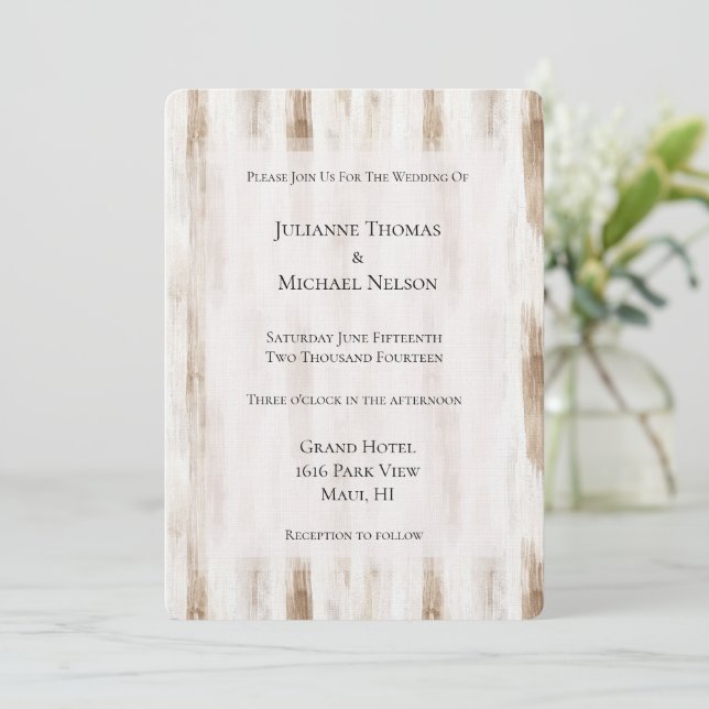 Creme White Brown Streifen Hochzeit Einladung (Stehend Vorderseite)