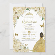 Creme White Gold Floral Butterfly Rose Quinceanera