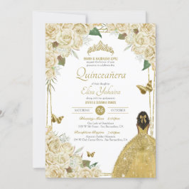 Creme White Gold Floral Butterfly Rose Quinceanera Einladung