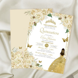 Creme White Gold Floral Butterfly Rose Quinceanera Einladung