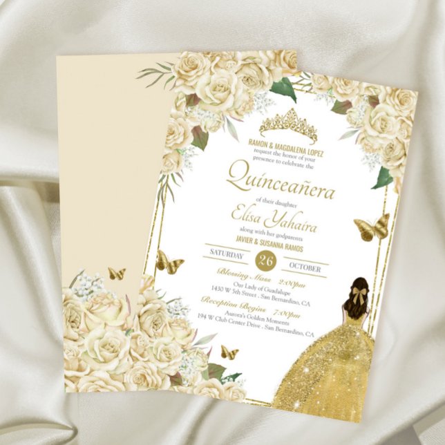 Creme White Gold Floral Butterfly Rose Quinceanera Einladung (Von Creator hochgeladen)