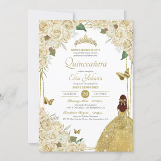Creme White Gold Floral Butterfly Rose Quinceanera Einladung