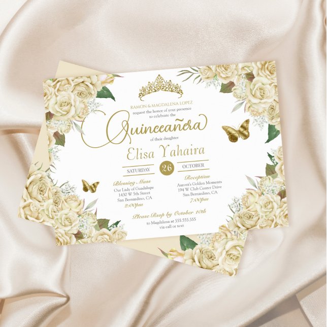 Creme White Gold Rose Blütenschmetterling Quincean Einladung (Von Creator hochgeladen)