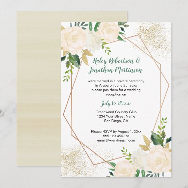 Creme White Gold Rose Nur geometrischer Empfang | Einladung (Vorne/Hinten)