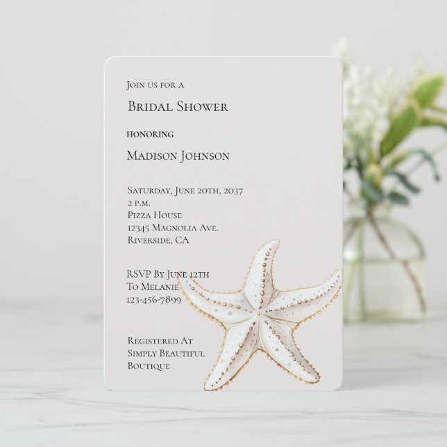 Creme White Gold Starfish Beach Brautparty Einladung (Stehend Vorderseite)