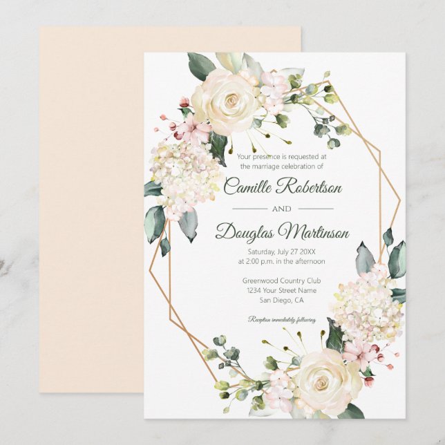 Creme White Pink Floral Geometric Wedding | Einladung (Vorne/Hinten)