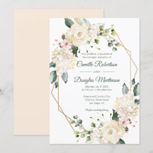 Creme White Pink Floral Geometric Wedding Einladung