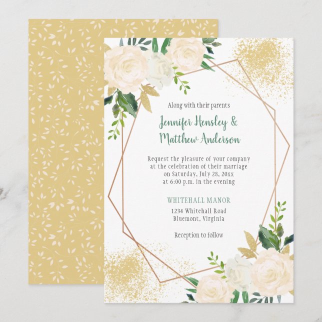 Creme White Roses Geometric Gold Geometric Einladung (Vorne/Hinten)
