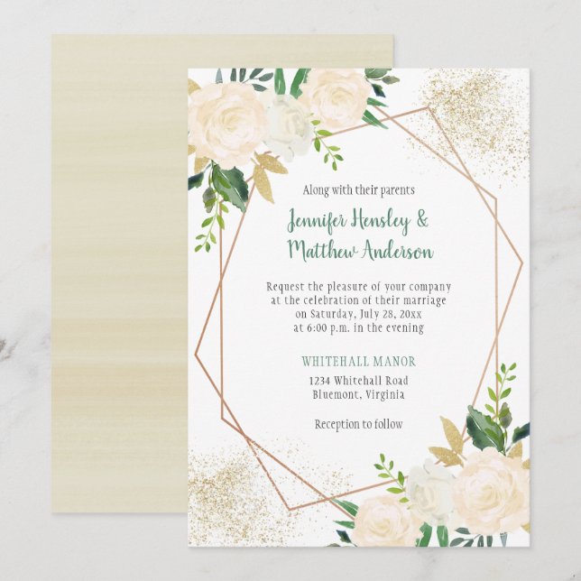 Creme White Roses Modern Geometric Gold Glitzer Einladung (Vorne/Hinten)