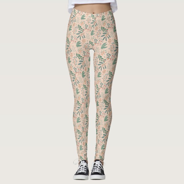 Creme Winter Botanical Pattern Leggings (Vorderseite)