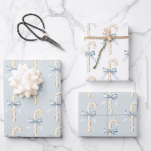 Creme-Zuckerstangen Blaue Schleife Weihnachten Geschenkpapier Set