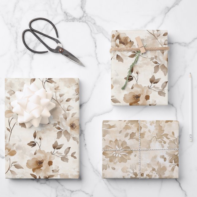 Cremebraune Blumen Geburtstag Geschenkpapier Set (Vorderseite)