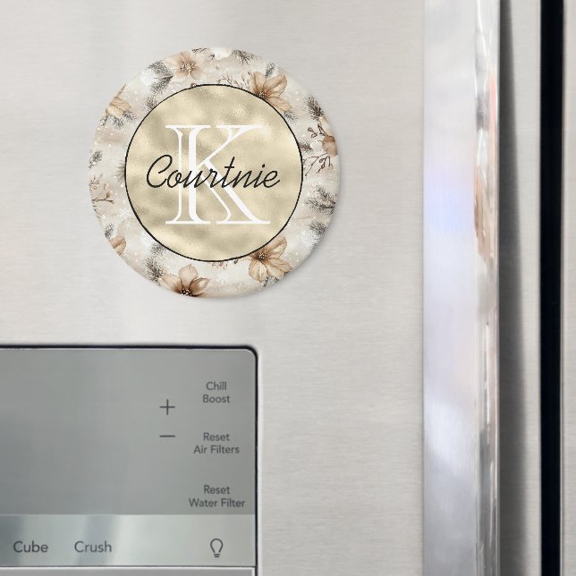 Cremebraune Floral Gold Monogramm      Magnet (In Situ (Kühlschrank))