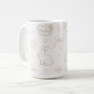 Cremebraune Skizze Körbe Vögel Kaninchen Kaffeetasse