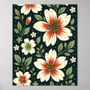 Cremefarbene Blumen mit roten Zentren und grünen B Poster