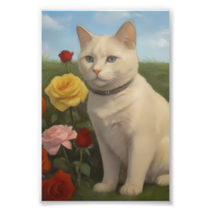 Cremefarbene Katze in einem Rosengarten Fotodruck