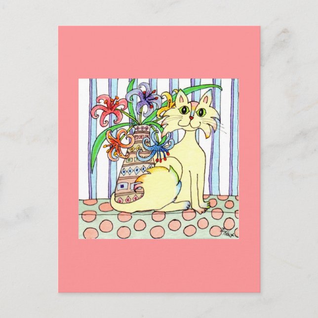 Cremefarbene Katze mit Pastel Lilies Postkarte (Vorderseite)