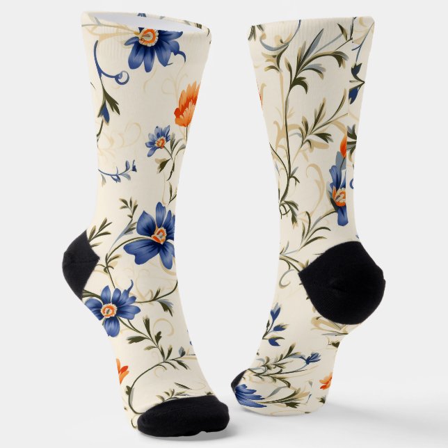 Cremefarbene Socken mit kompliziertem Blau und Ora (Gewinkelt)
