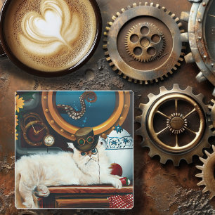 Cremefarbene viktorianische Steampunk-Katzen-Teepa Glasuntersetzer