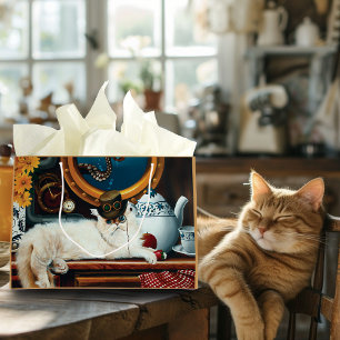 Cremefarbene viktorianische Steampunk-Katzen-Teepa Große Geschenktüte