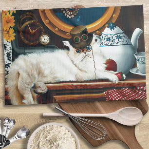 Cremefarbene viktorianische Steampunk-Katzen-Teepa Handtuch