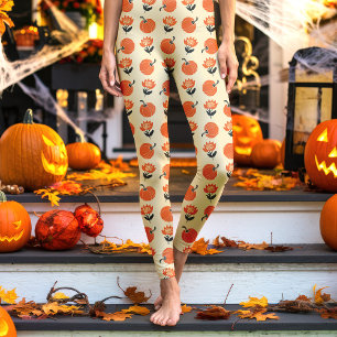 Cremefarbene Vintage-Kürbisse und -Blumen Hallowee Leggings
