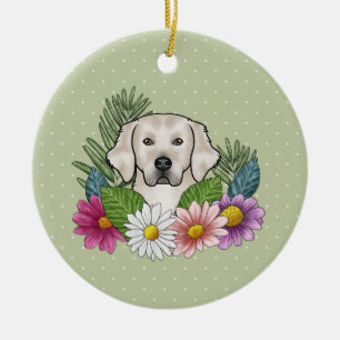Cremefarbener Golden Retriever Bunte Blumen und Na Keramik Ornament