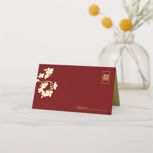Cremepfirsich/Pflaumenblüten Doppelglückliche Hoch Platzkarte (Vorderseite)