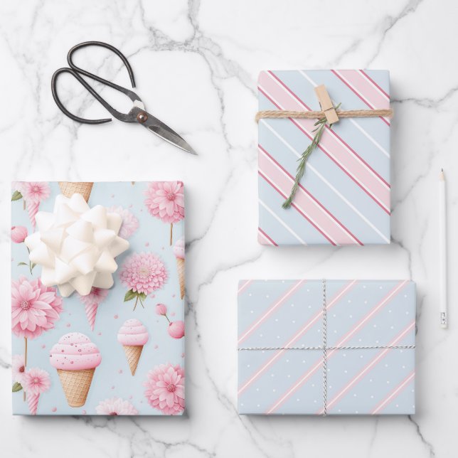 Crèmes et fleurs de glace rose Papier cadeau (Recto)