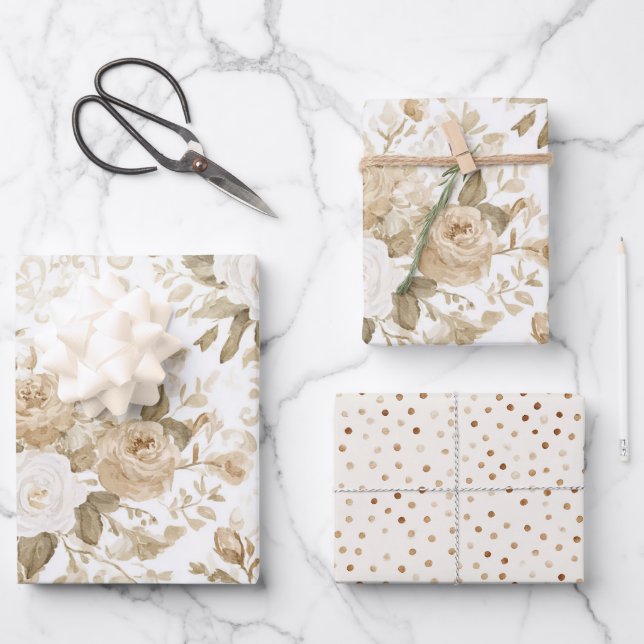 Cremeweiß Boho Blumen Hochzeitsdusche Geschenkpapier Set (Vorderseite)