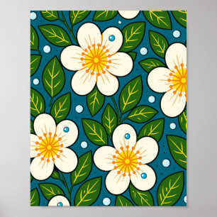 Cremeweiße Blumenmuster mit grünen Blättern Poster