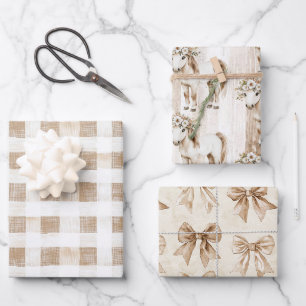 Cremeweiße Karierte Streifen Florale Pferd Geburts Geschenkpapier Set