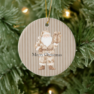 Cremeweiße Streifen Santa Weihnachten Keramik Ornament