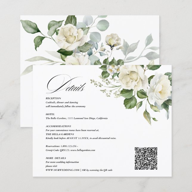 Cremig Floral Eucalyptus QR-Code Details Hochzeit (Vorne/Hinten)