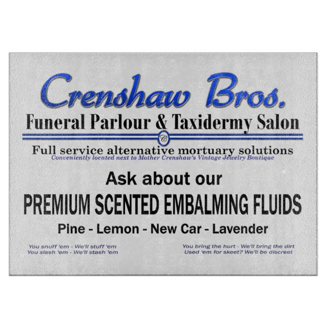Crenshaw Bros Scented Embalming Fluid Promo Schneidebrett (Vorderseite)