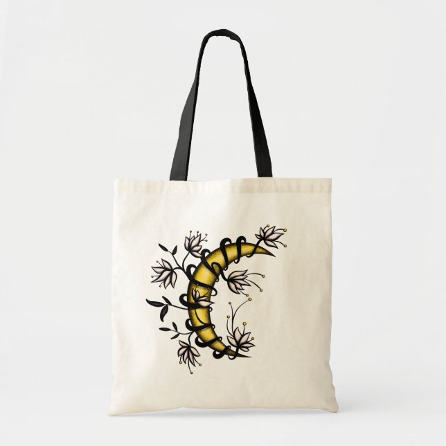 Crescent Mond in Blume ummantelt Tattoo-Stil Tragetasche (Vorne)