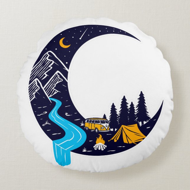 Crescent Moon Adventure Camping Rundes Kissen (Vorderseite)