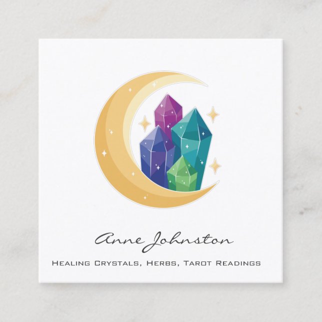 Crescent Moon and Crystals Square Business Card Quadratische Visitenkarte (Vorderseite)