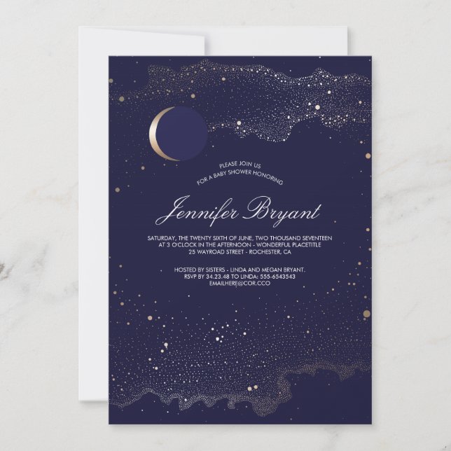 Crescent Moon and Night Stars Kinderdusche Einladung (Vorderseite)